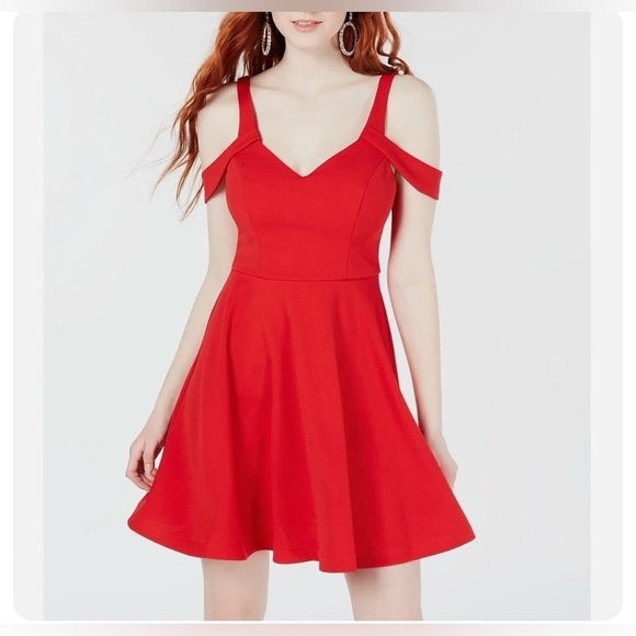 Sequin Hearts Junior Womens 13 Red Scuba Off The Shoulder‎ Fit Flare Dress - Picture 1 of 12